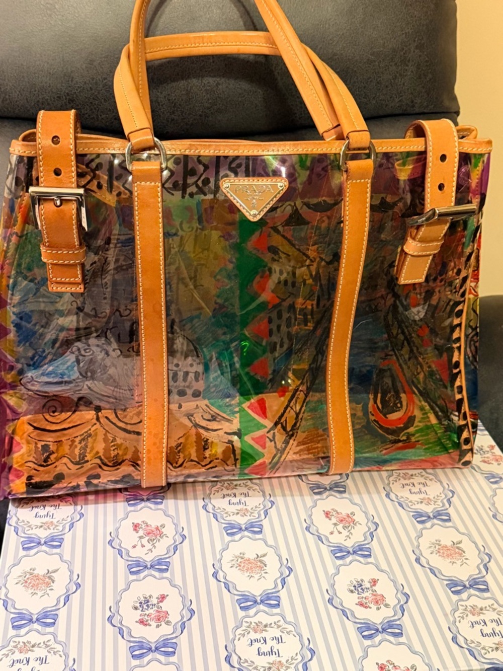 Prada Venezia Colorful Abstract Printed Tote Bag with Tan Leather Trim